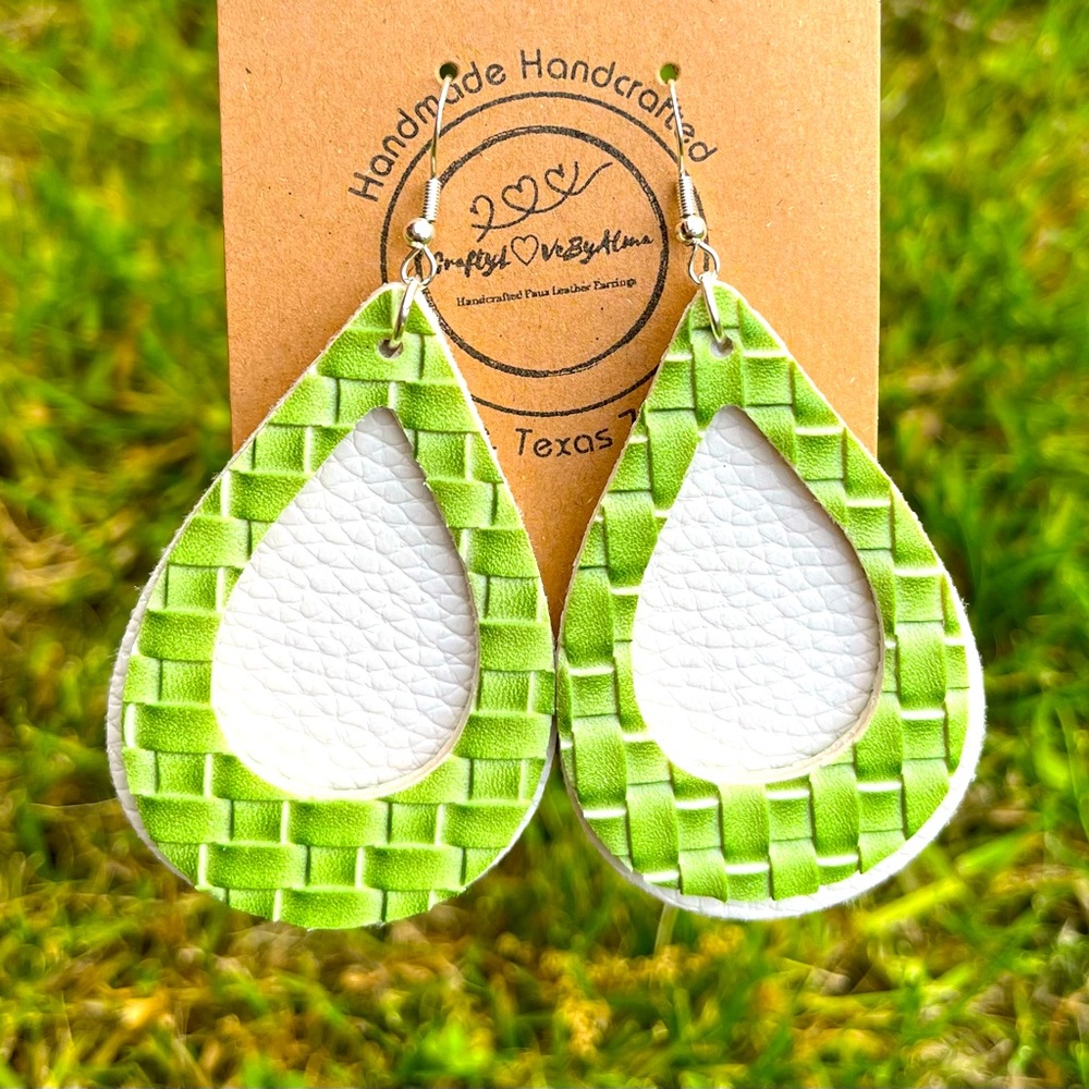 Woven Textured Sage (lemon-lime green ) Teardrop Faux Leather Earrings